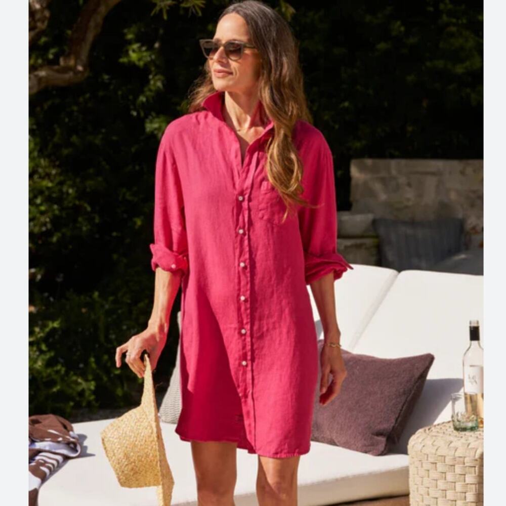Frank & Eileen Mary Classic Shirtdress Washed Linen Hot‎ Pink Size XS